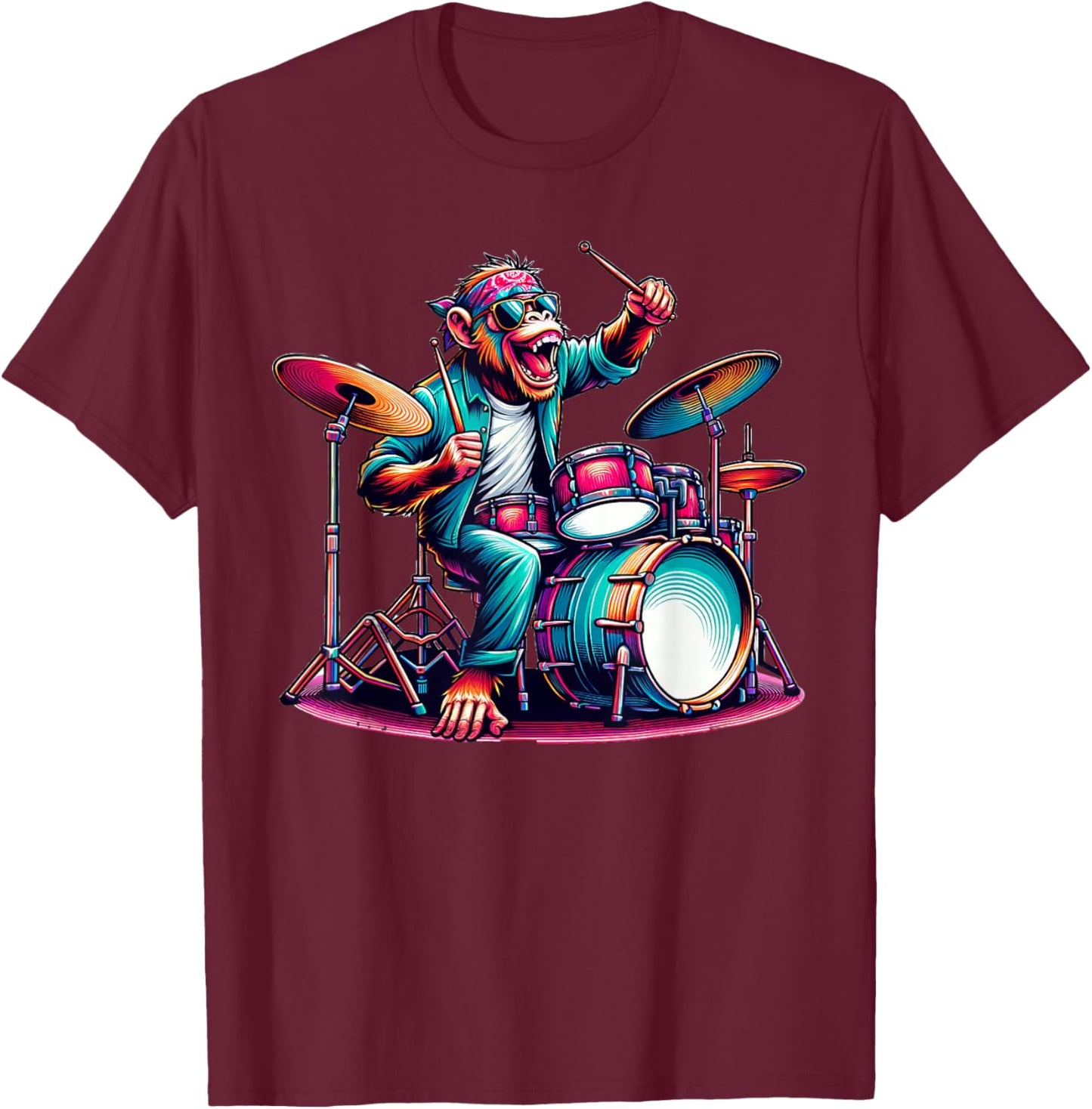 Cute Monkey Playing Drums Monkeys Drummer Music T-Shirt - T-Shirt | Maroon