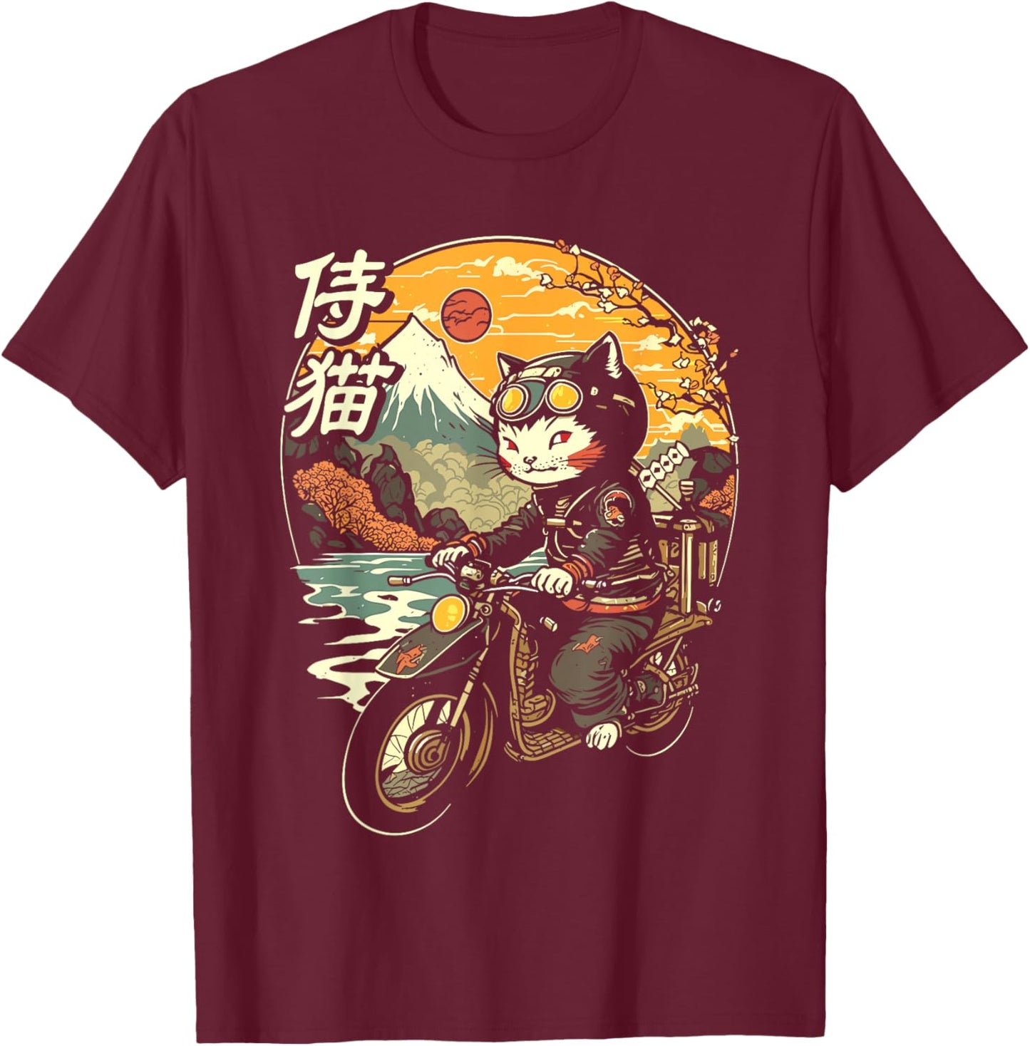 Japanese Samurai Cat on Motorcycle Kawaii Ninja Cat Men Women Kids T-Shirt - T-Shirt | Maroon