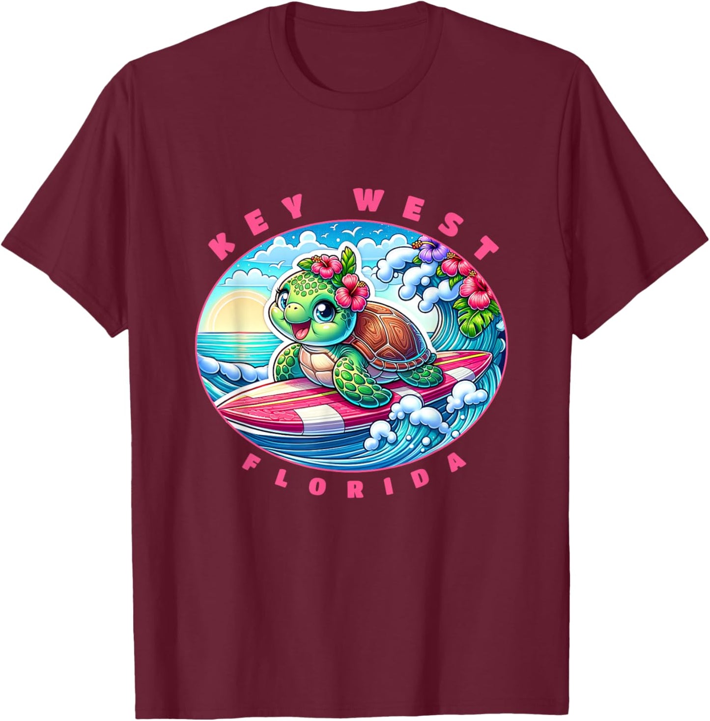 Key West Florida Cute Surfing Girl Sea Turtle T-Shirt - T-Shirt | Maroon
