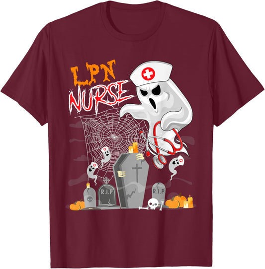 LPN Nurse Halloween Boo Ghosts Costume Nursing Tools Lover T-Shirt - T-Shirt | Maroon