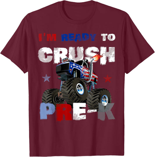 First Day of PRE-K Monster Truck Back to School Boys Gift T-Shirt - T-Shirt | Maroon