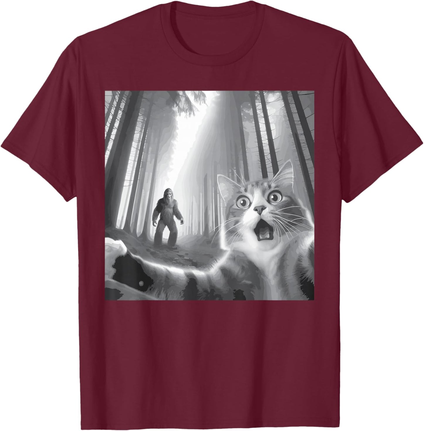 Funny Surprised Scared Cat Selfie With Sasquatsch Bigfoot T-Shirt - T-Shirt | Maroon