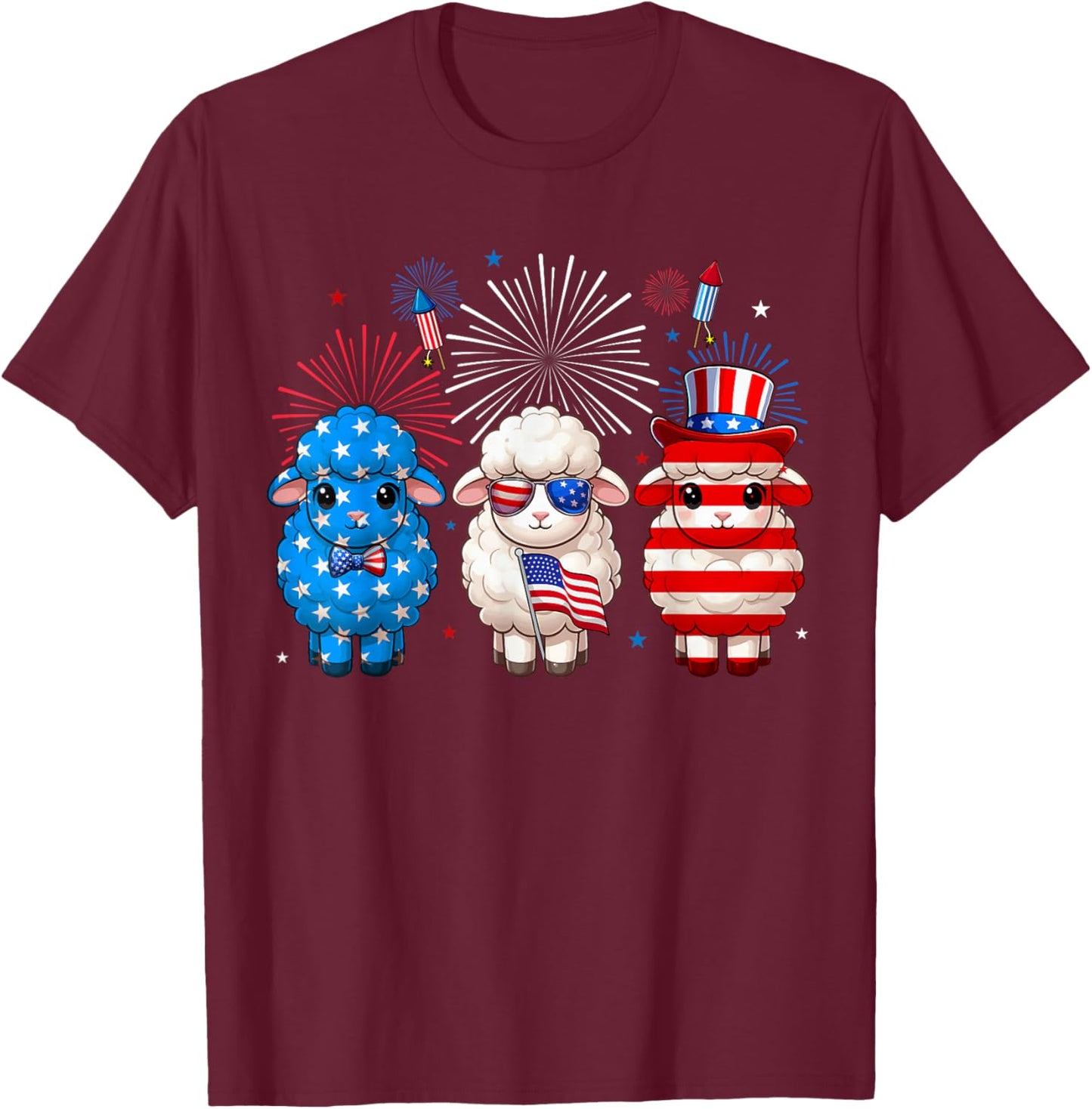 Three Red Blue White Cute Sheeps 4th Of July Farmer Rancher T-Shirt - T-Shirt | Maroon