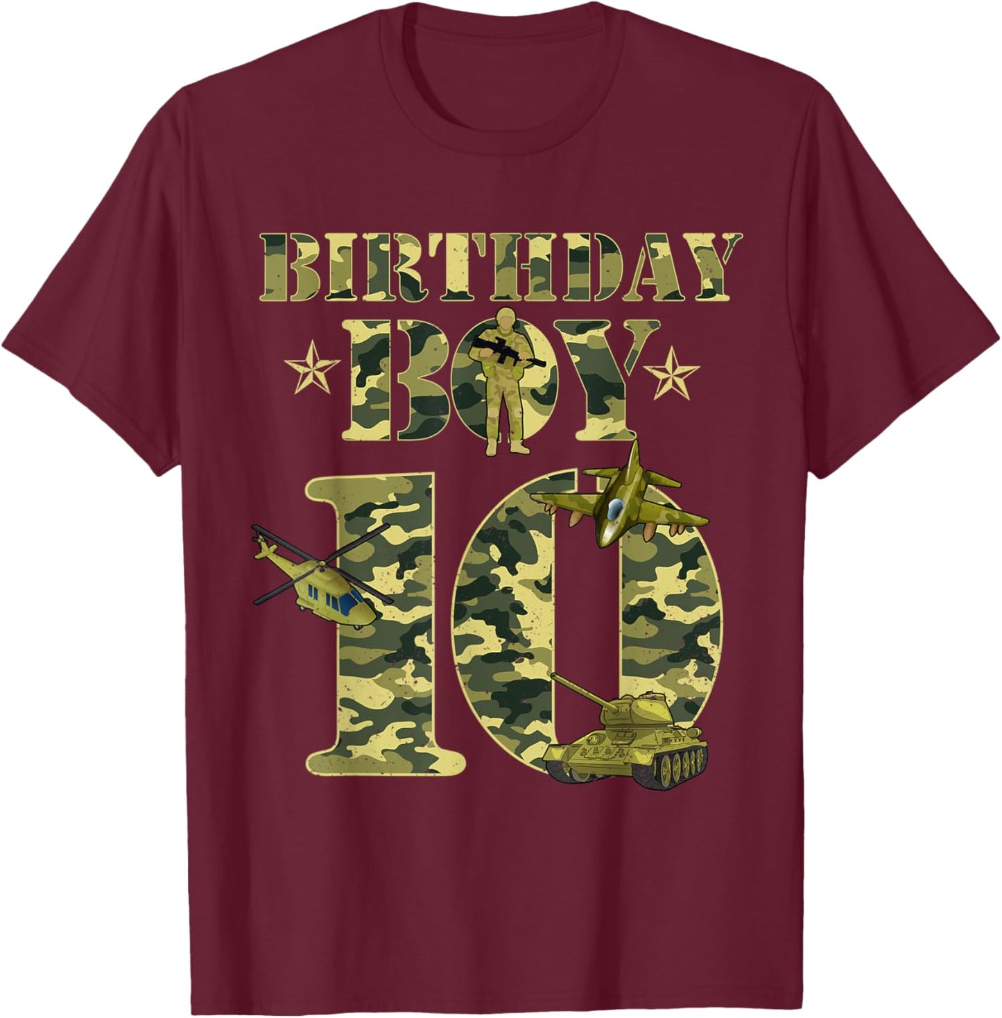 10th Birthday Military Themed Camo Boys 10 Yrs Old Soldier T-Shirt - T-Shirt | Maroon