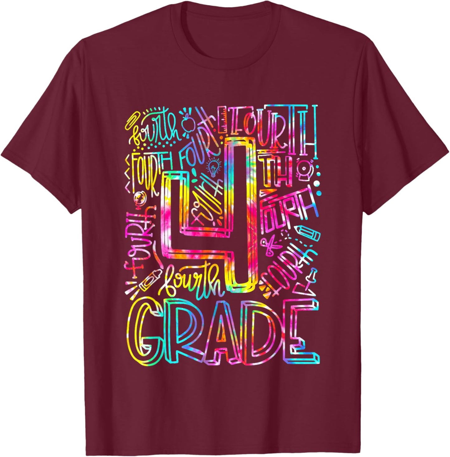 Tie Dye 4th Grade Typography Team Fourth Grade Teacher Gift Men Women Kids T-Shirt - T-Shirt | Maroon