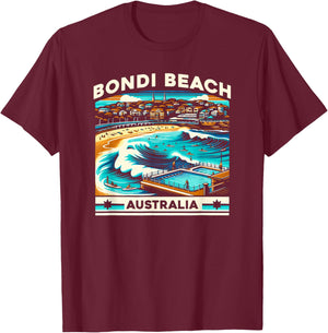 Borough & Bridge Bondi Beach Australia Classic Wave Graphic T-Shirt - T-Shirt | Maroon