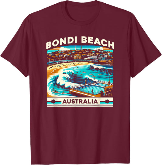 Borough & Bridge Bondi Beach Australia Classic Wave Graphic T-Shirt - T-Shirt | Maroon