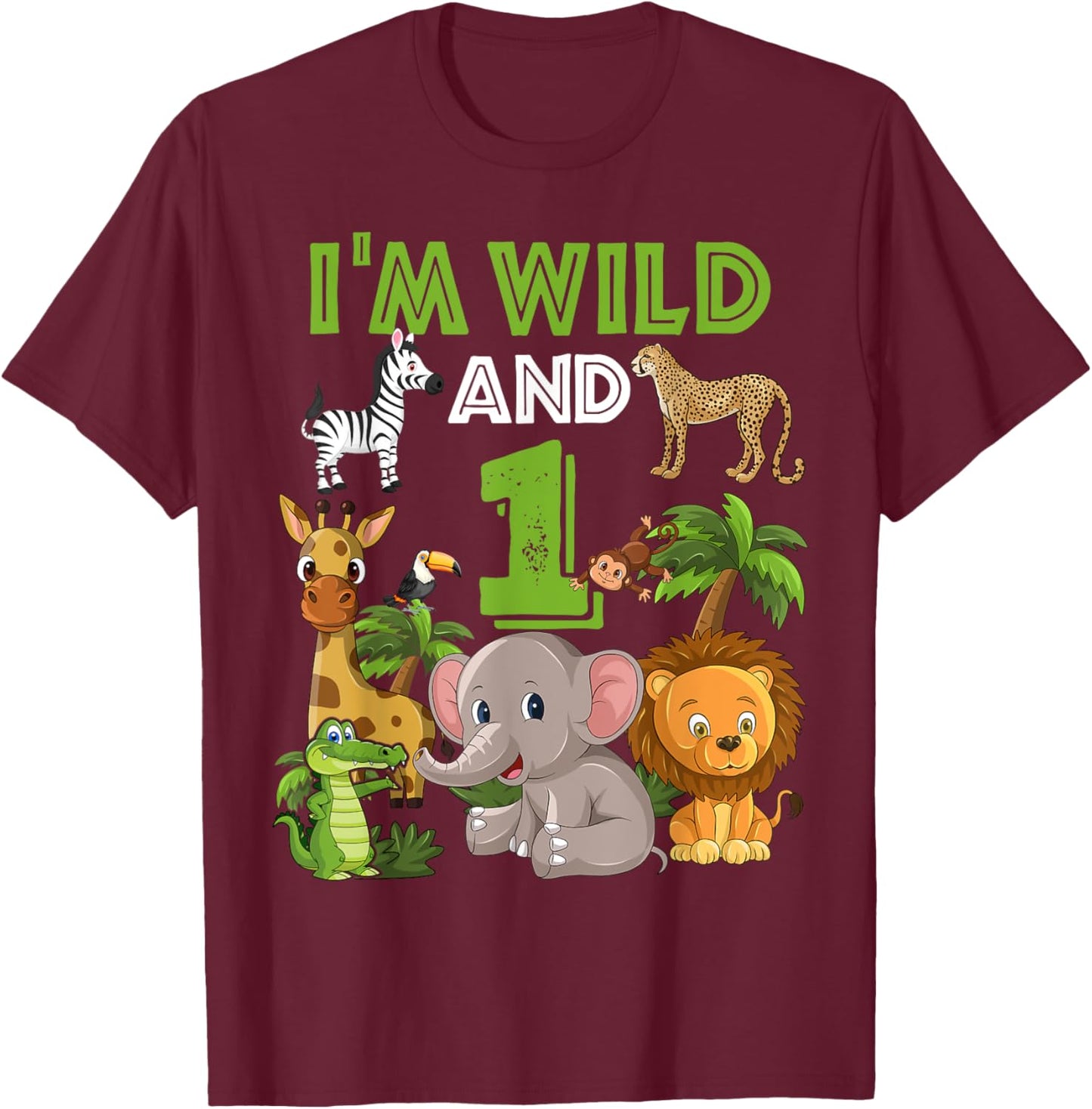 1 Year Old Zoo Birthday Shirt Safari Jungle Zoo Animal 1st T-Shirt - T-Shirt | Maroon