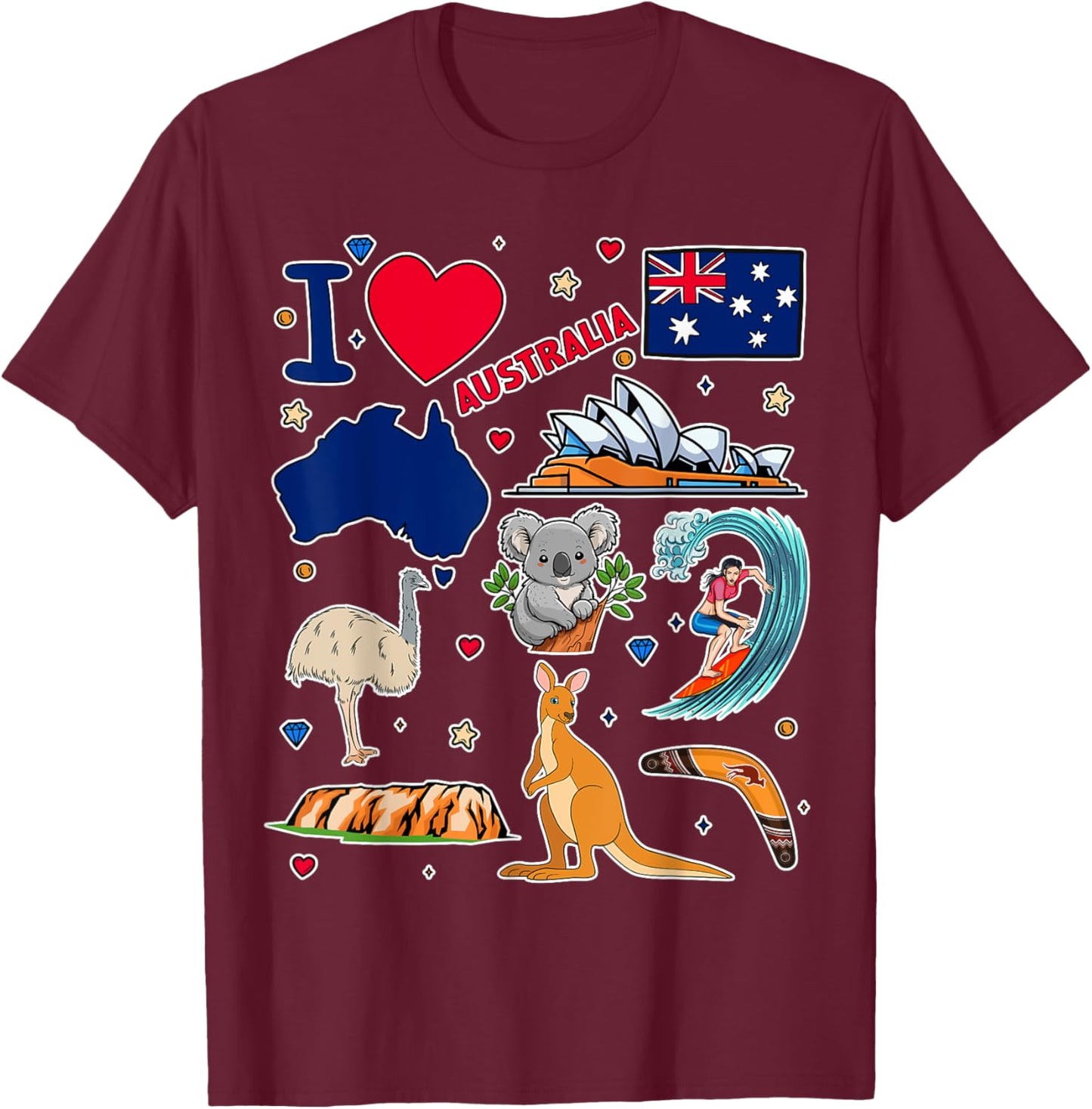 Australian hand drawn symbols, Australia map, cultural icons T-Shirt - T-Shirt | Maroon