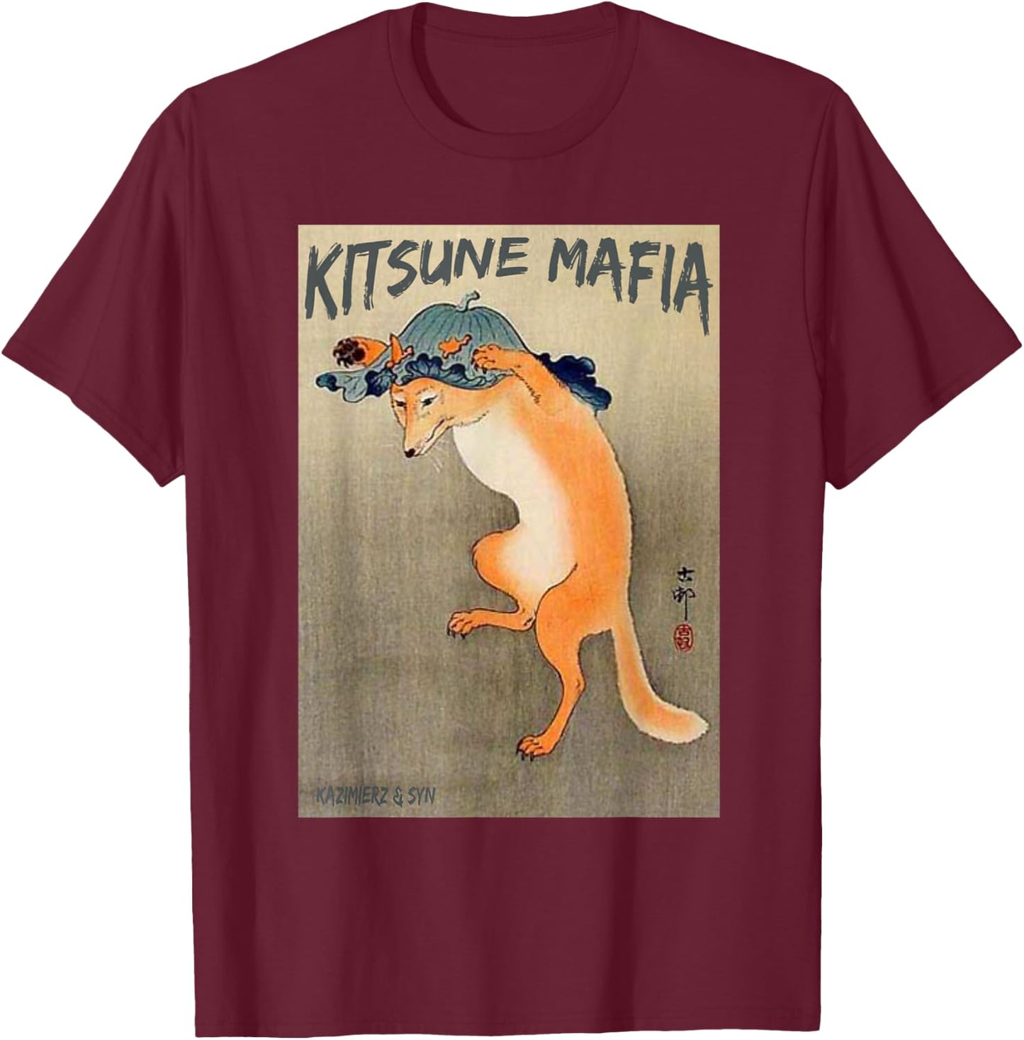 Kitsune Mafia, Anime Nine Tail Fox Spirit, Ukiyo-e Japanese T-Shirt - T-Shirt | Maroon