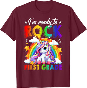 I'm Ready To Rock First Grade Unicorn Back To School Girls T-Shirt - T-Shirt | Maroon