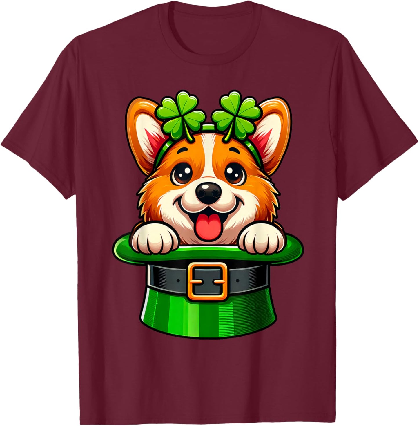 Corgi St Patricks Day Leprechaun Shamrock Irish Corgi Lover T-Shirt - T-Shirt | Maroon