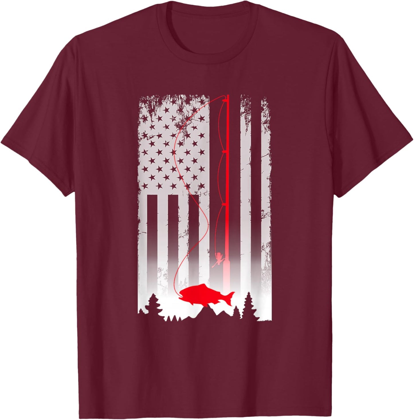 Fishing Pole American Flag Vintage Patriotic Fisherman T-Shirt - T-Shirt | Maroon