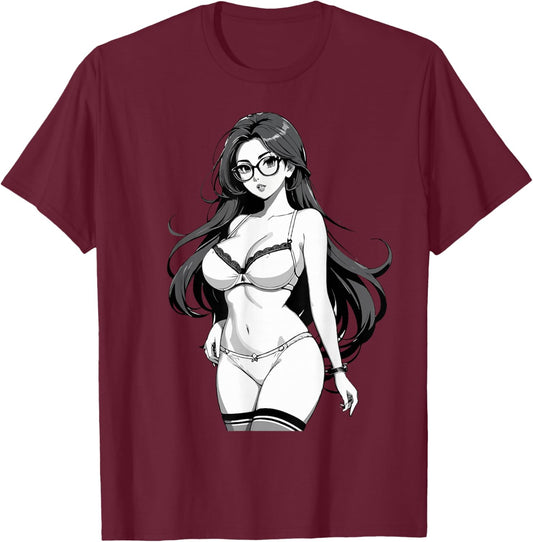 Sexy Waifu Otaku Anime Girl Japanese in Black and White Art T-Shirt - T-Shirt | Maroon