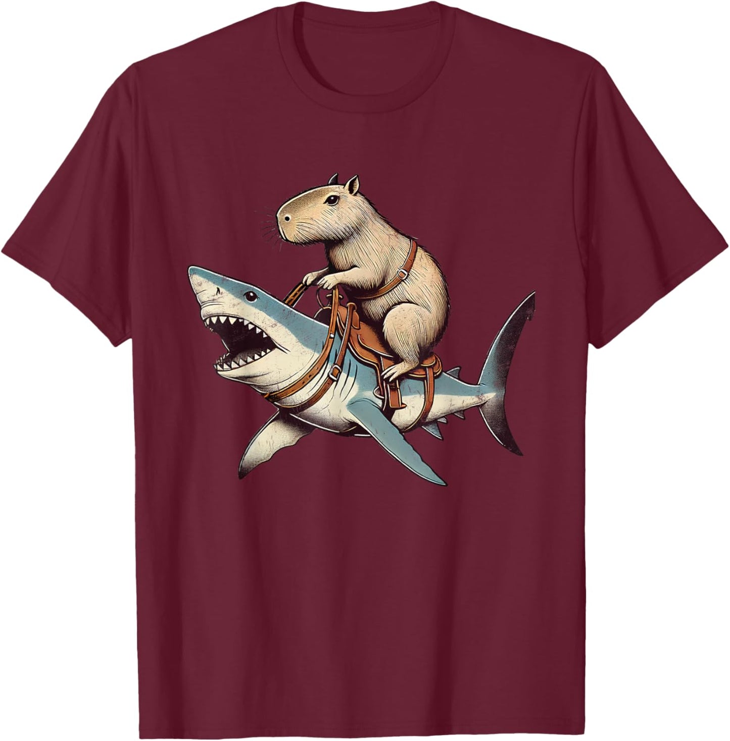 Vintage Rodent Capybara Funny Retro Capyabara Riding Shark T-Shirt - T-Shirt | Maroon