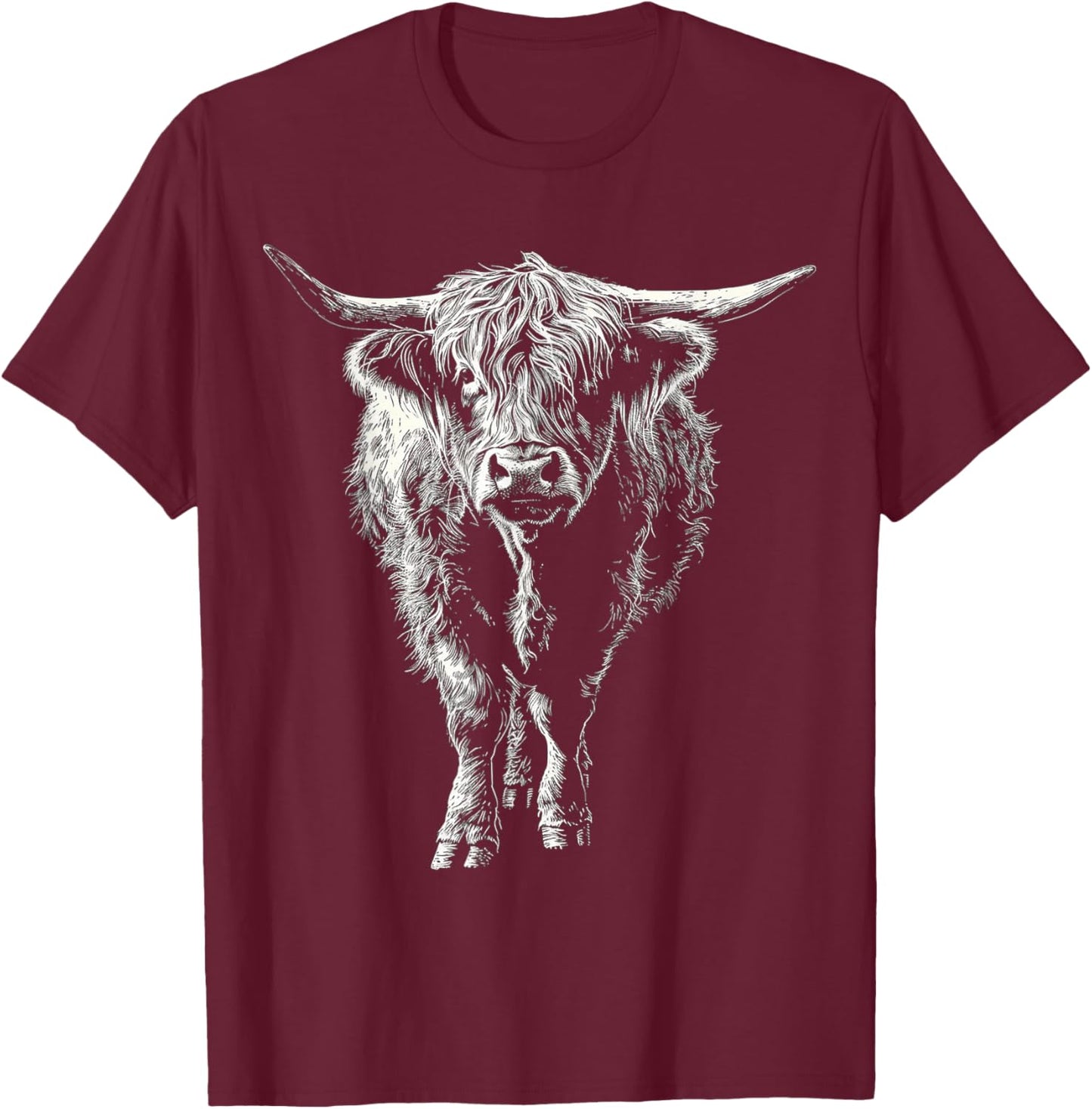 Highland Cow Drawing Art Farm Animal Graphic Highland Cow T-Shirt - T-Shirt | Maroon