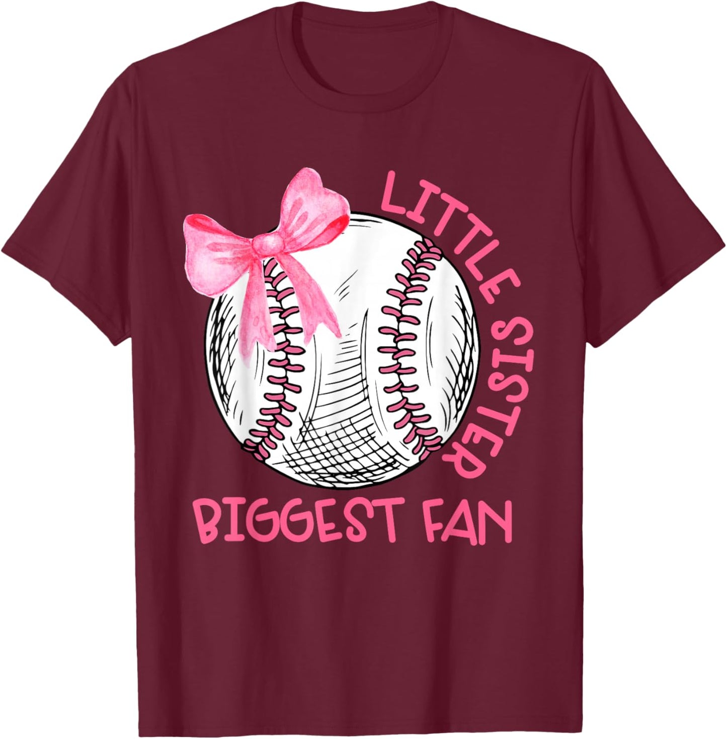 Cute Bow Coquette Little Sister Biggest Fan Baseball Girls T-Shirt - T-Shirt | Maroon