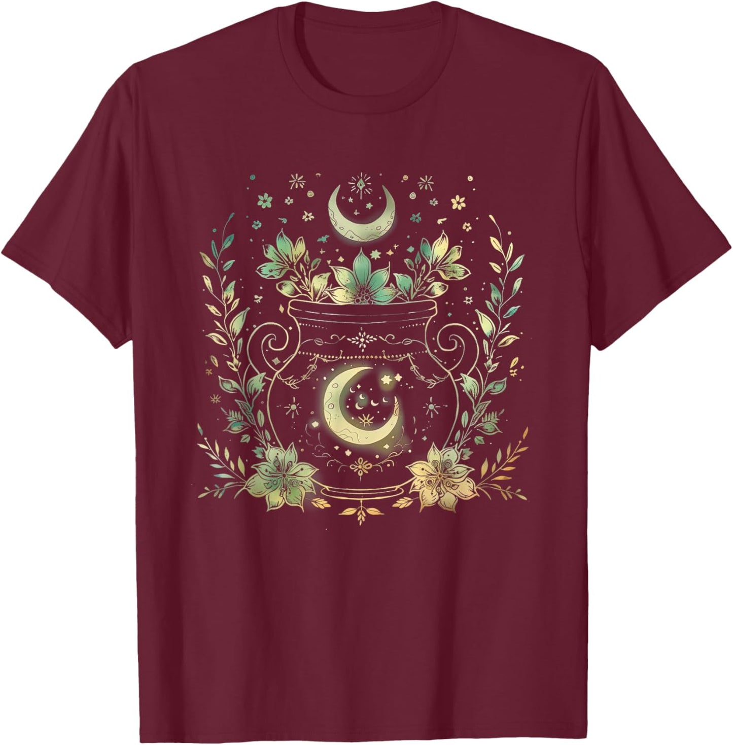Vintage Witchy Wicca Witch Cauldron Crescent Moon Witchcraft T-Shirt - T-Shirt | Maroon