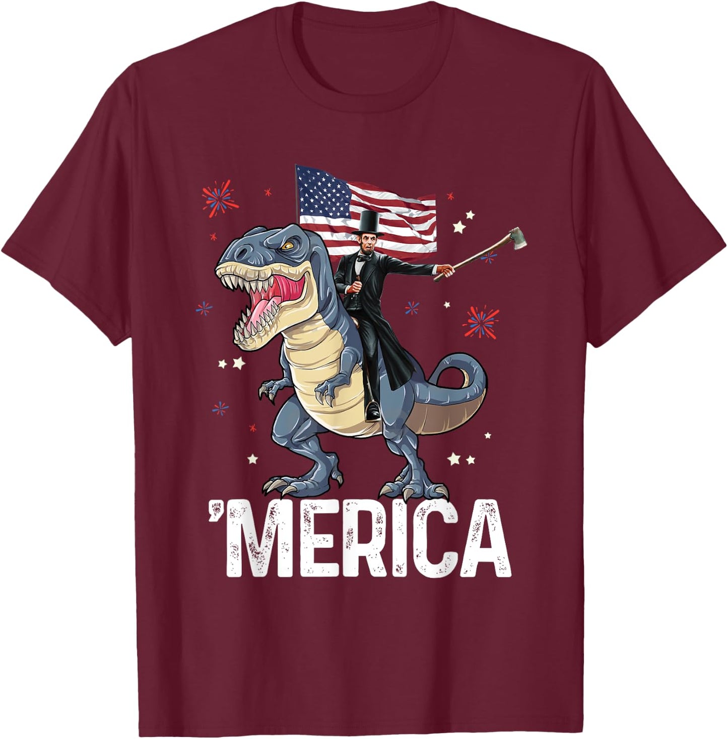 American President Lincoln T-Rex Dinosaur Flag Patriotic T-Shirt - T-Shirt | Maroon