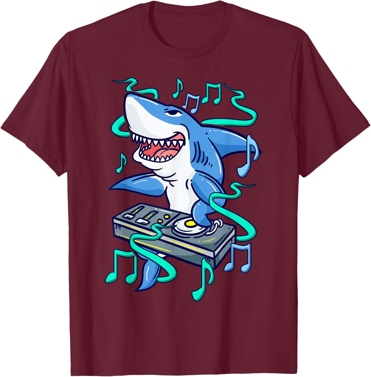 Shark DJ Mixing on Turntables - Funny Music Mixer T-Shirt - T-Shirt | Maroon