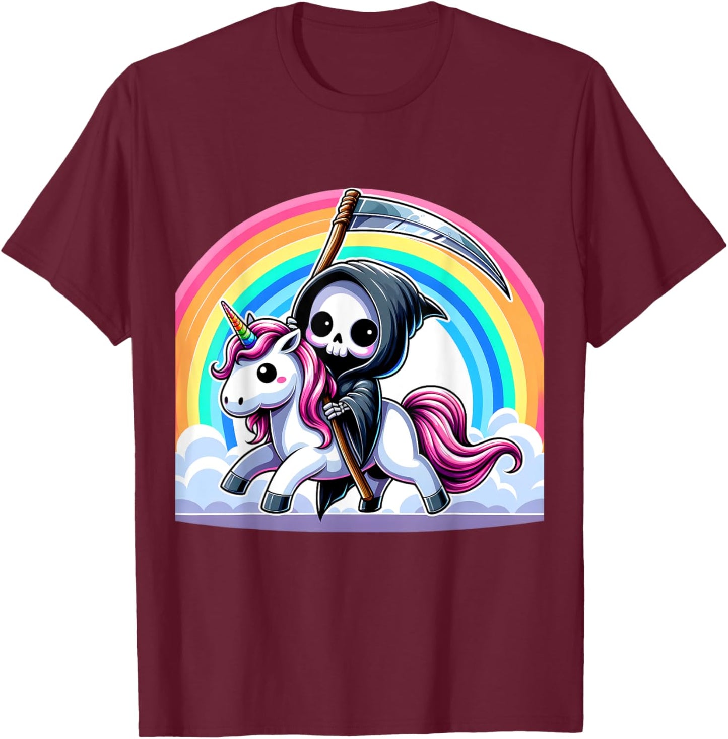 Grim Reaper Riding Unicorn Funny Rainbow Heavy Metal T-Shirt - T-Shirt | Maroon