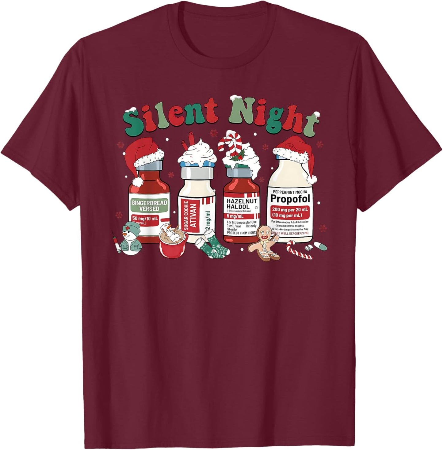 Retro Propofol Silent Night ICU Nurses Funny Merry Christmas T-Shirt - T-Shirt | Maroon