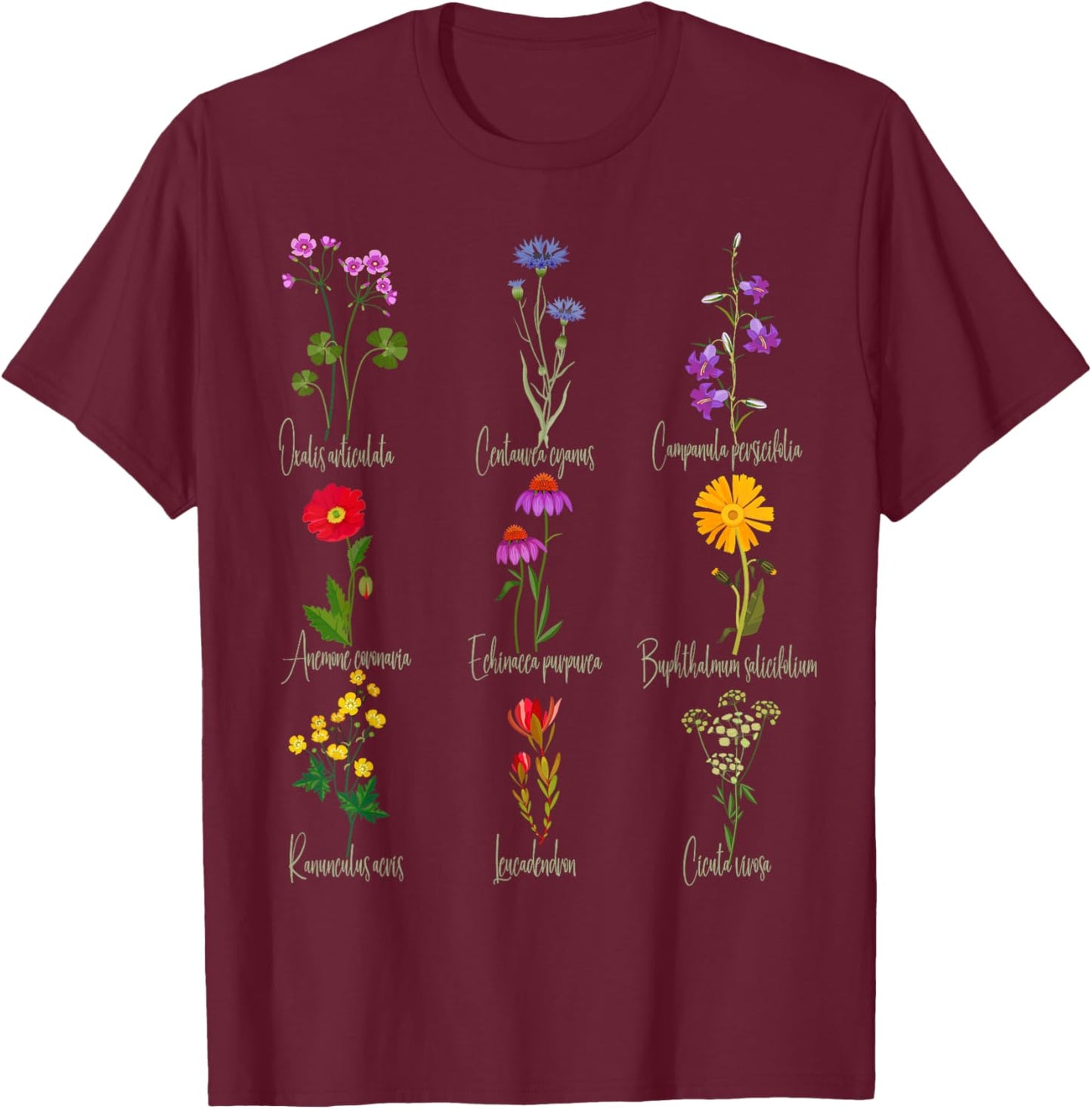 Vintage Botanical Chart Wildflower Floral Graphic Women T-Shirt - T-Shirt | Maroon
