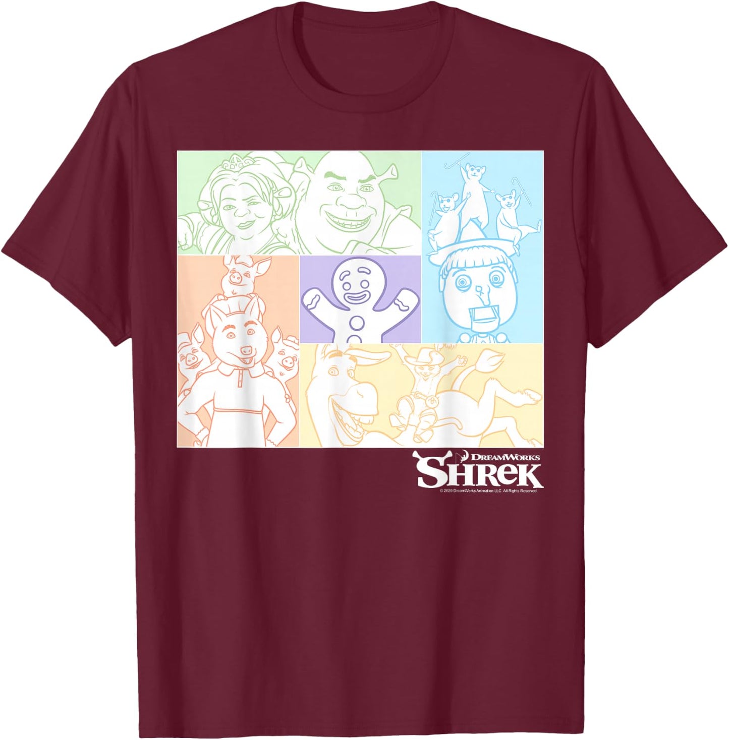 Shrek Group Shot Pastel Box Up T-Shirt - T-Shirt | Maroon