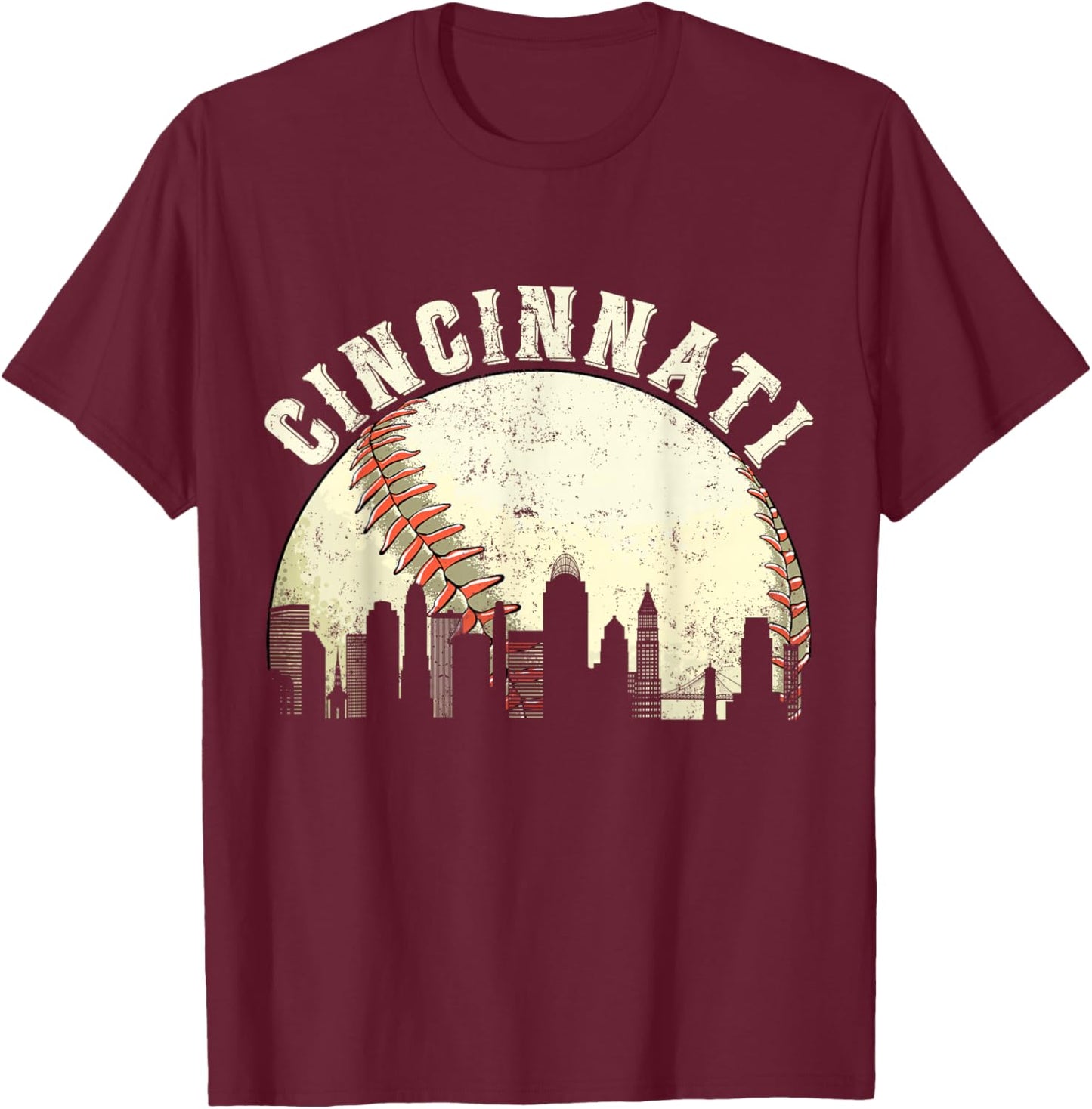 Cincinnati Vintage Baseball Distressed Gameday Retro T-Shirt - T-Shirt | Maroon