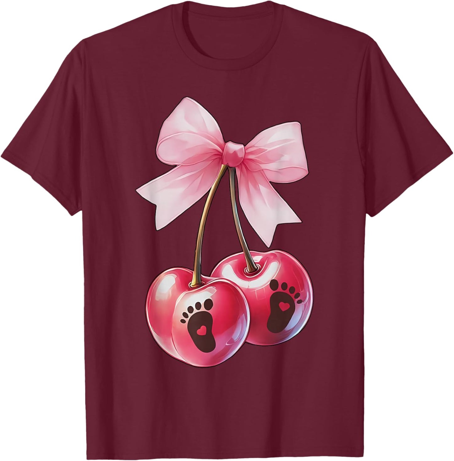 Coquette Cherry Bow With Baby Foot Pregnancy Reveal New Mom T-Shirt - T-Shirt | Maroon