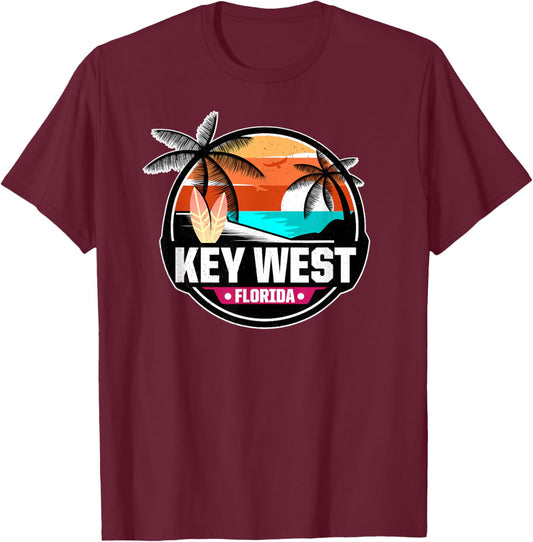 Key West Florida Beach Palm Trees Summer Vacation Surfing T-Shirt - T-Shirt | Maroon