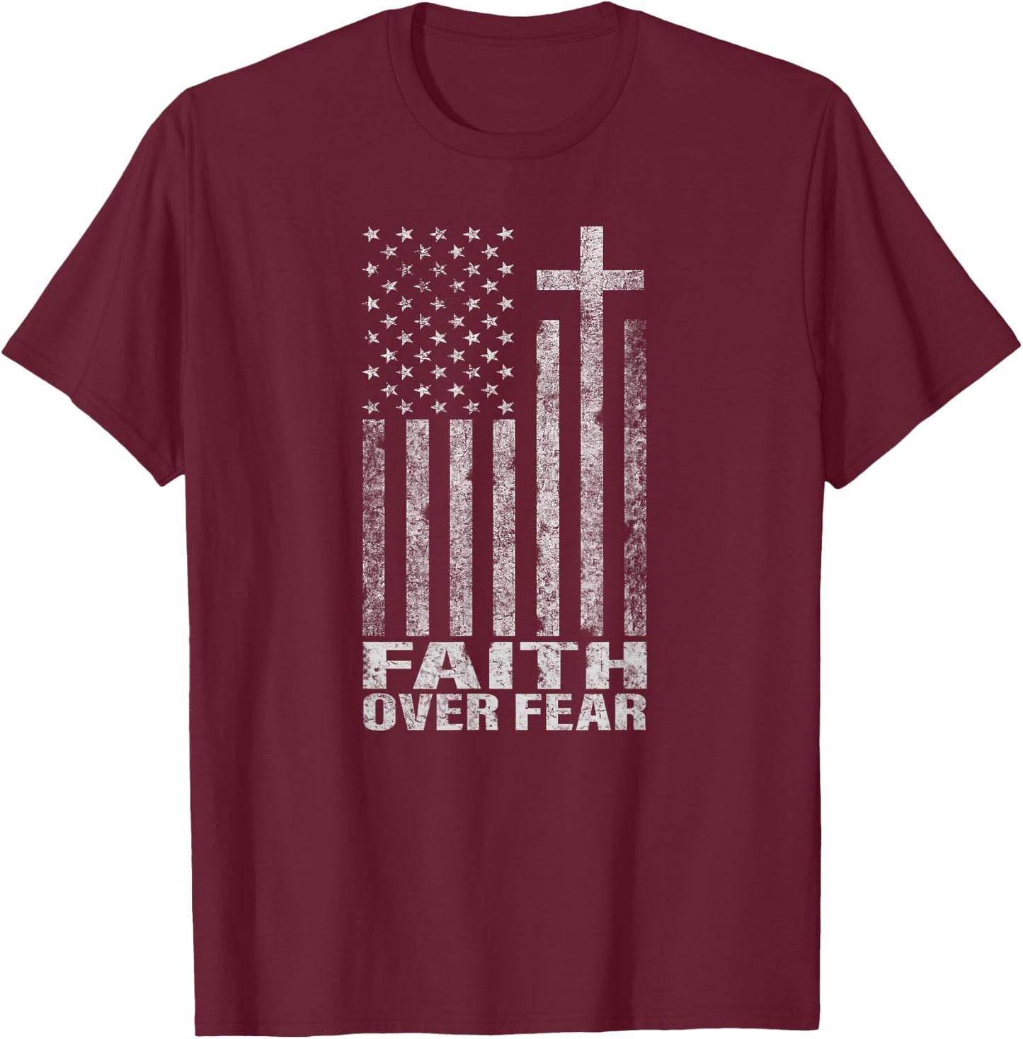 Faith Over Fear Cool Christian Flag Cross Women Kids Short Sleeve T-Shirt - T-Shirt | Maroon