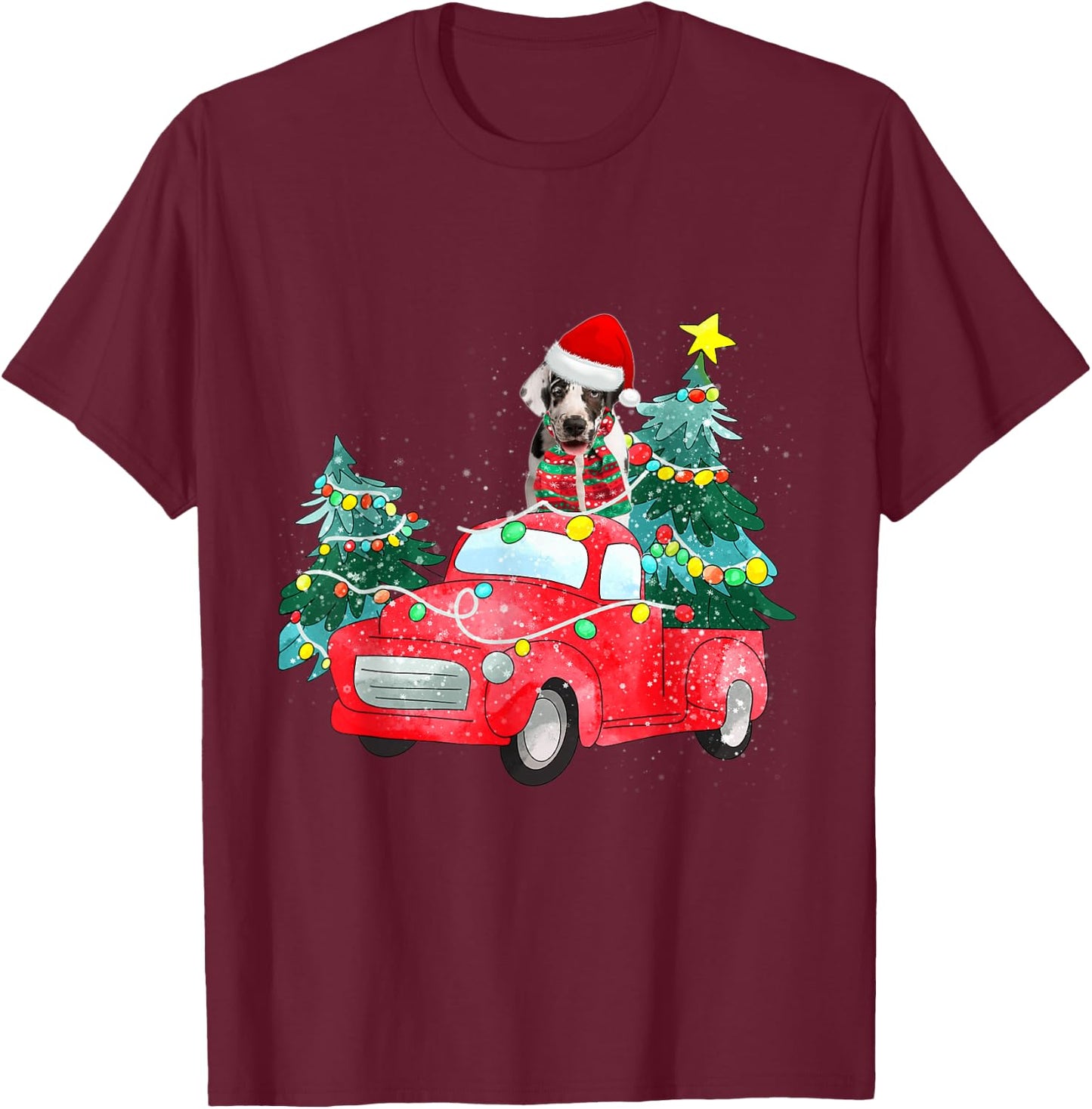 Harlequin Great Dane Dog Ride Red Truck Christmas Dog Lover Men Women Kids T-Shirt - T-Shirt | Maroon