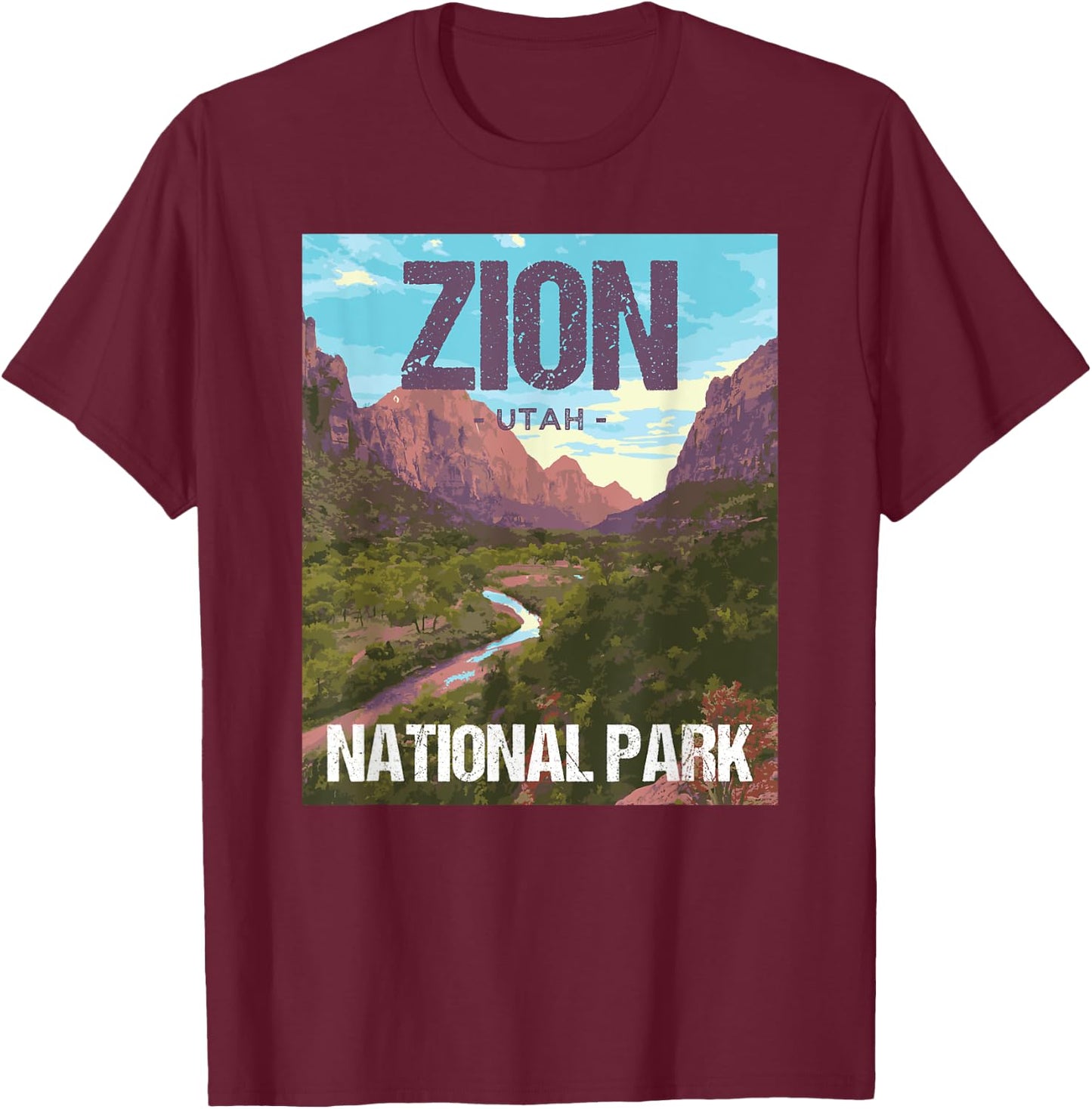 Zion National Park Utah Poster Design T-Shirt - T-Shirt | Maroon