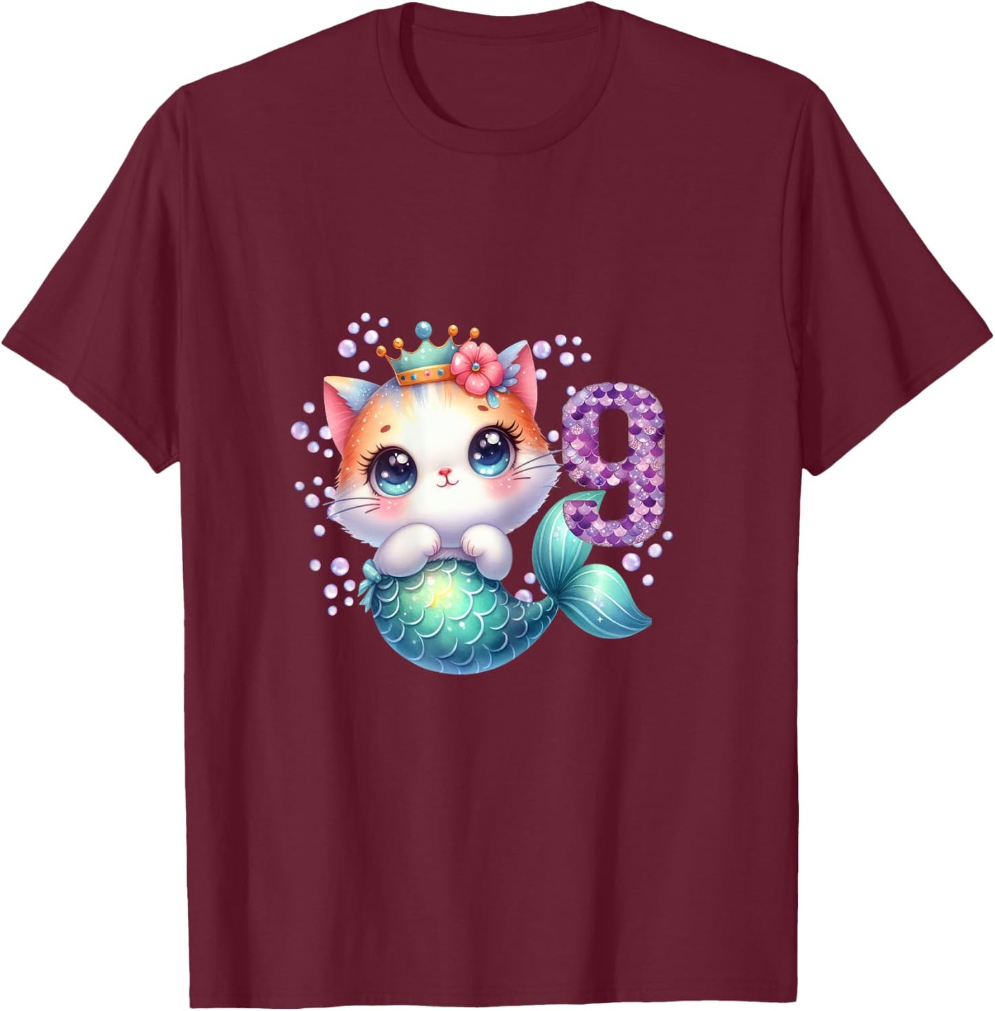 Cat Mermaid 9th Birthday 9 Year Old Party Girls Outfit T-Shirt - T-Shirt | Maroon