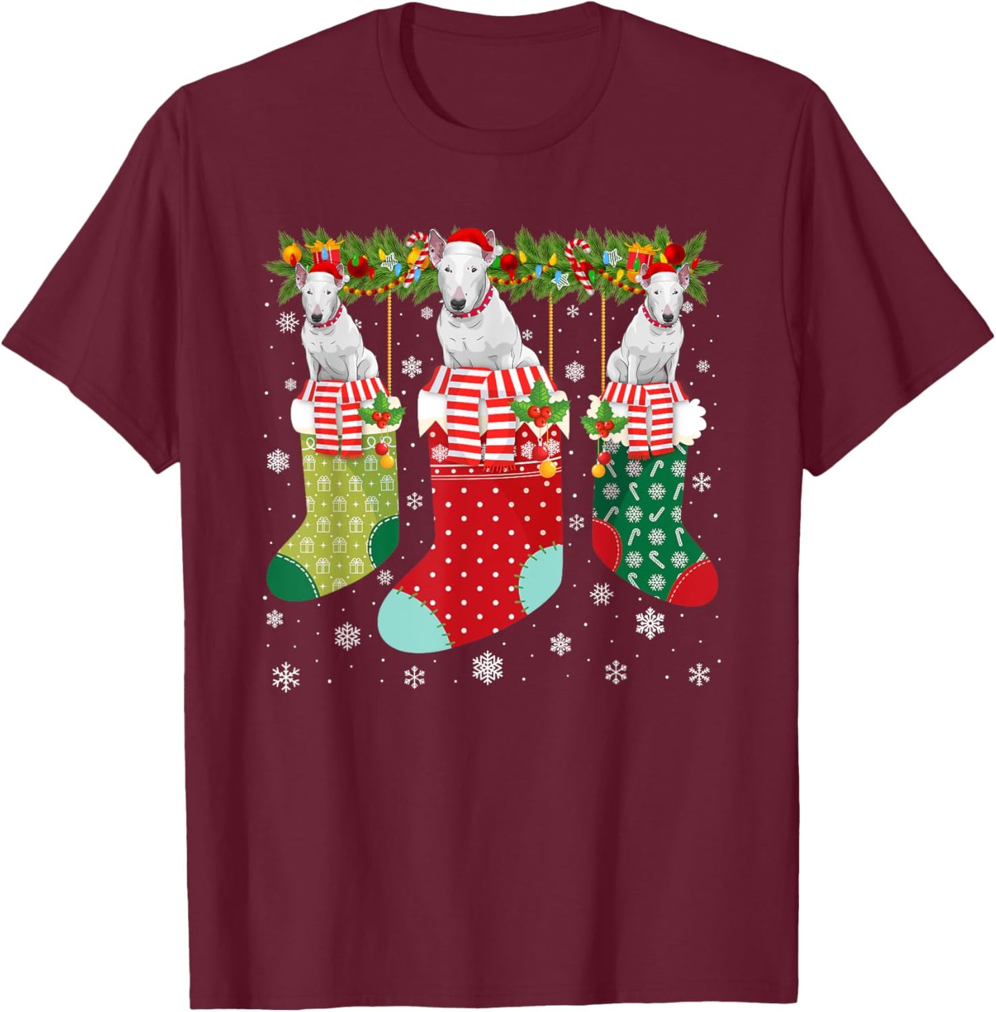 Three Bull Terrier Dog in Socks Ugly Christmas Sweater Party Men Women Kids T-Shirt - T-Shirt | Maroon