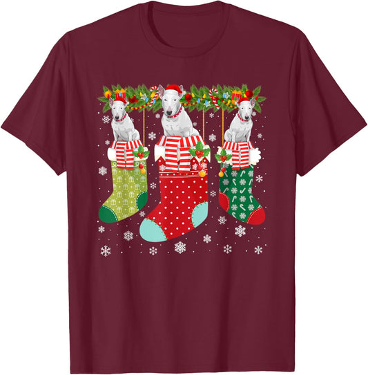 Three Bull Terrier Dog in Socks Ugly Christmas Sweater Party Men Women Kids T-Shirt - T-Shirt | Maroon