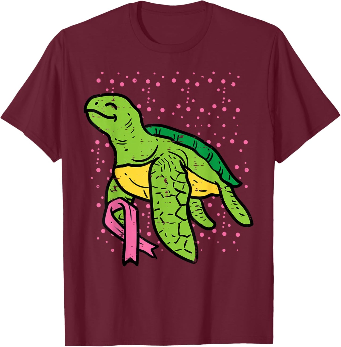 Pink Ribbon Turtle Cute Breast Cancer Awareness Women Kids T-Shirt - T-Shirt | Maroon