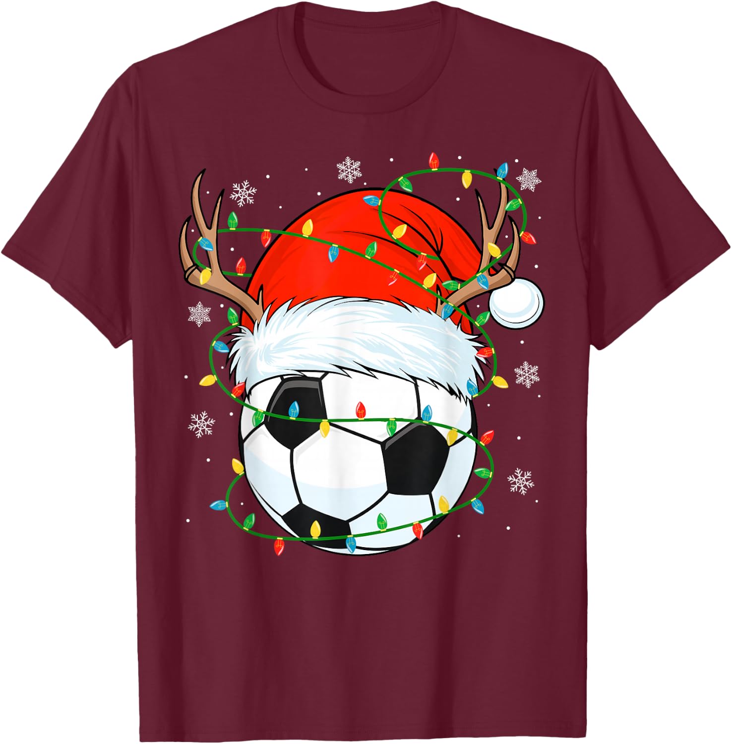 Santa Soccer Ball Xmas Lights Christmas Soccer Player T-Shirt - T-Shirt | Maroon