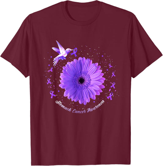 Hummingbird Periwinkle Sunflower Stomach Cancer Awareness T-Shirt - T-Shirt | Maroon