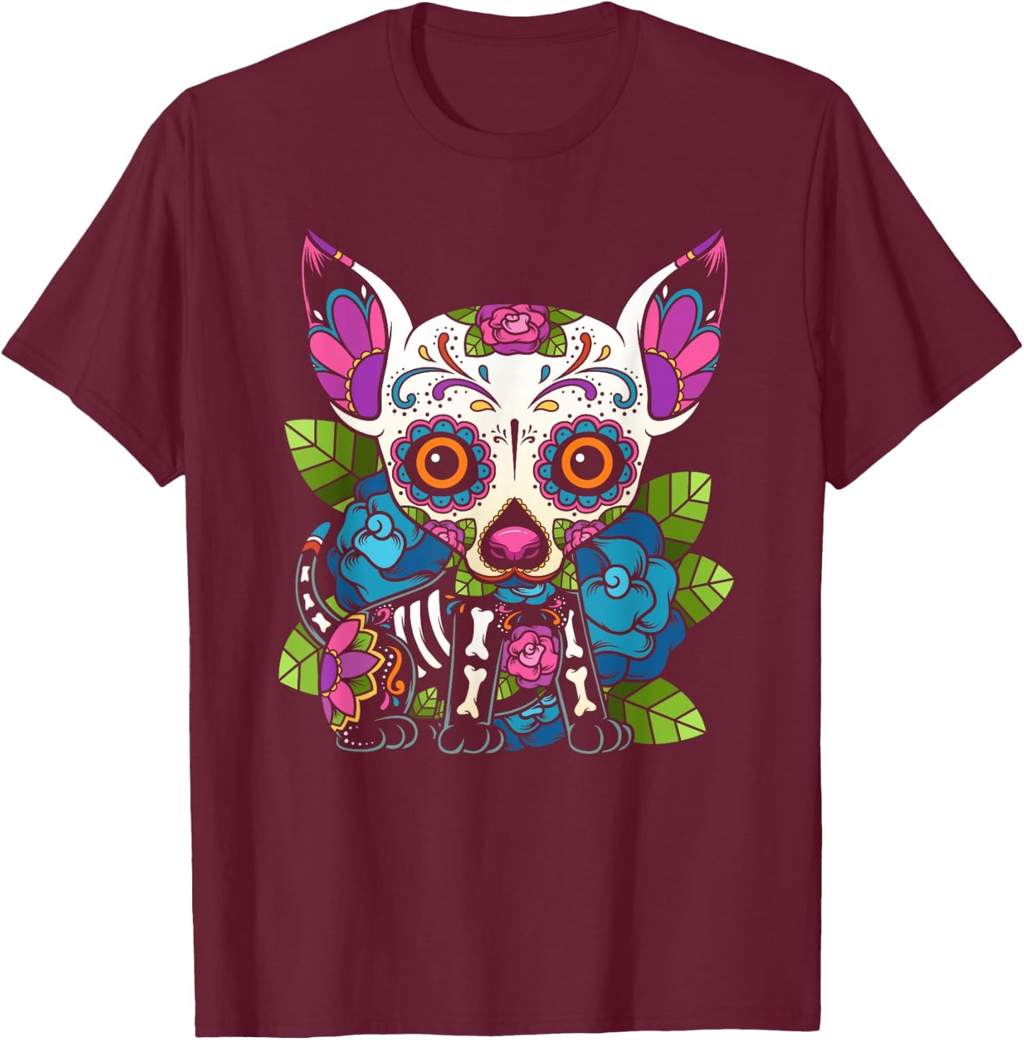 Chihuahua Sugar Skull Mexico Dog Calavera Dia De Los Women Girls Kids T-Shirt - T-Shirt | Maroon
