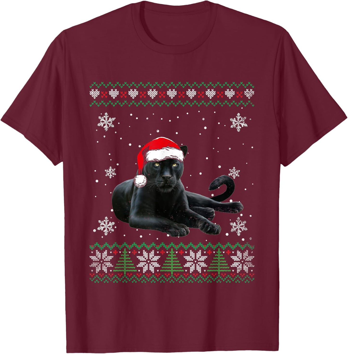 Santa Panther Ugly Sweater Animals Christmas Pajama T-Shirt - T-Shirt | Maroon