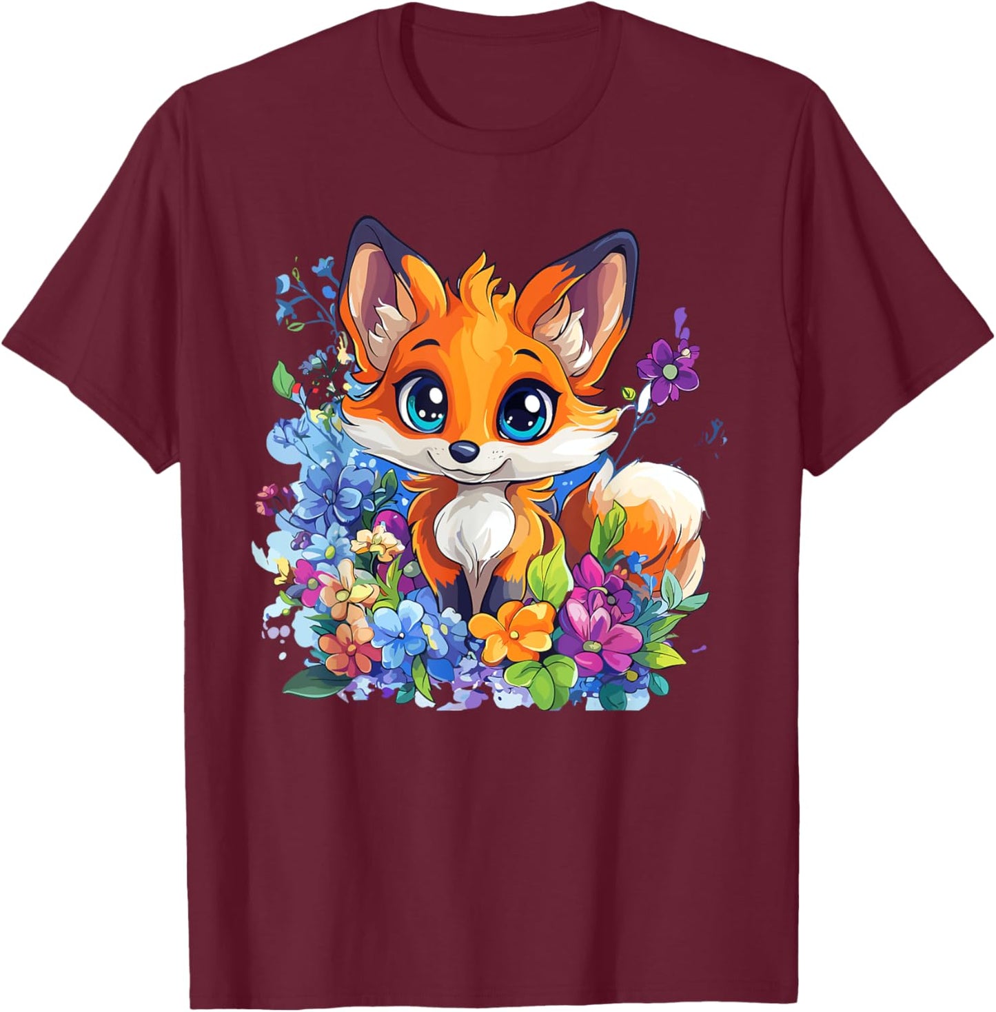 Cute Fox Surrounded by Flowers , Black, S T-Shirt - T-Shirt | Maroon