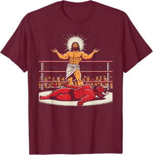 Jesus Wrestling Satan Funny Christian Humor Joke T-Shirt - T-Shirt | Maroon
