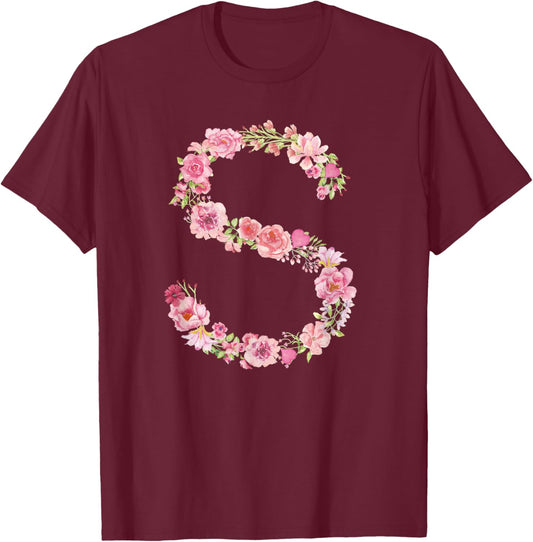 Cool Initial Alphabet Monogram Flowers Gifts Floral Letter S T-Shirt - T-Shirt | Maroon