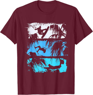 Wakeboard Lifestyle Vintage Design with Palm Trees in Logo Style T-Shirt - T-Shirt | Maroon