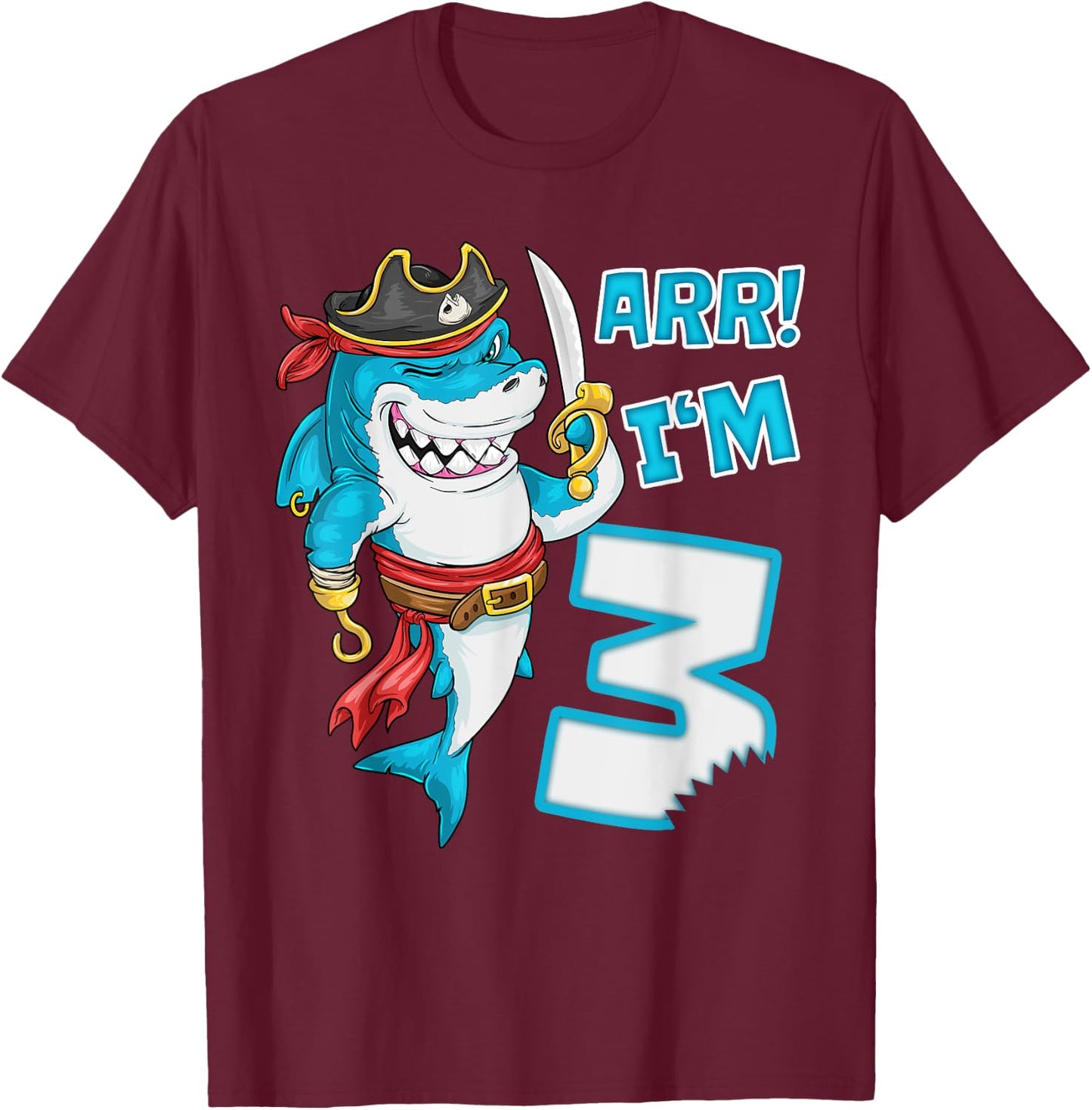 I'm 3 years Bday Shark pirate 3rd Birthday boy pirate Party T-Shirt - T-Shirt | Maroon