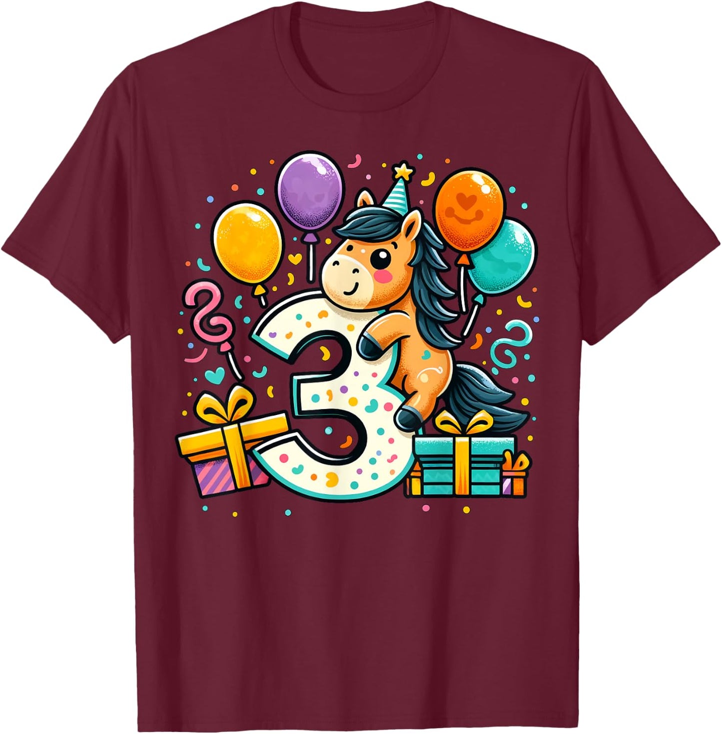 Horse 3rd birthday boy girl 3 years old third three Horse T-Shirt - T-Shirt | Maroon
