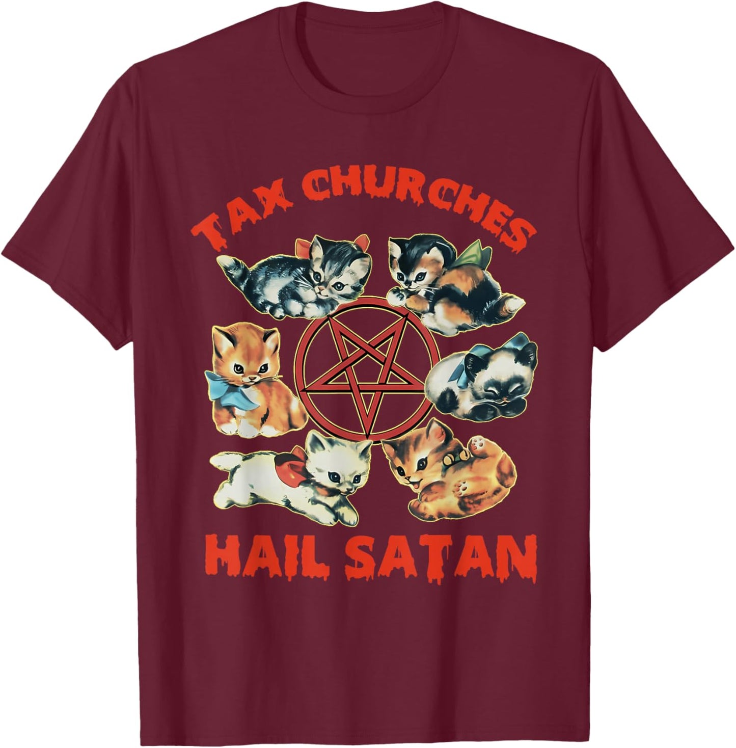 Tax Churches Hail Satan Funny Design T-Shirt - T-Shirt | Maroon