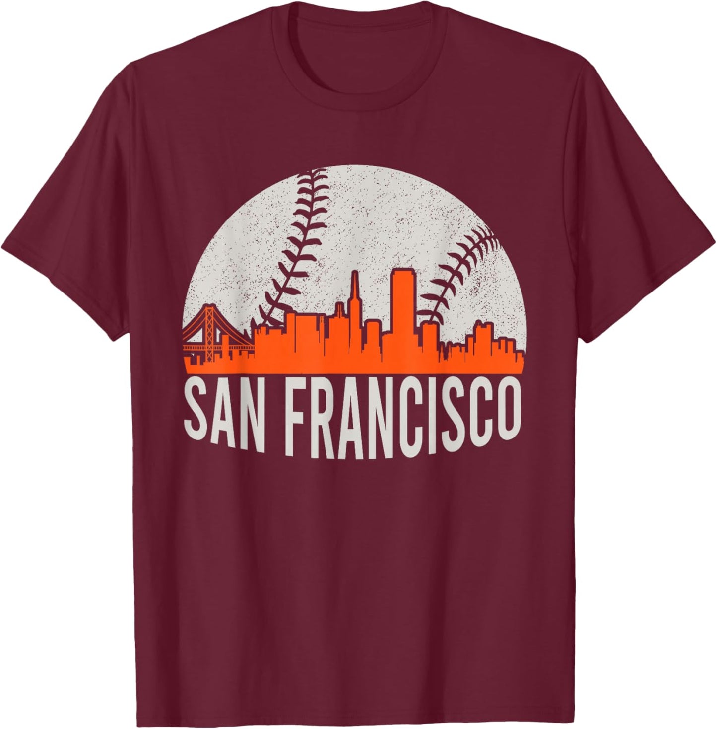 Vintage San Francisco Skyline Baseball Present Men Women T-Shirt - T-Shirt | Maroon